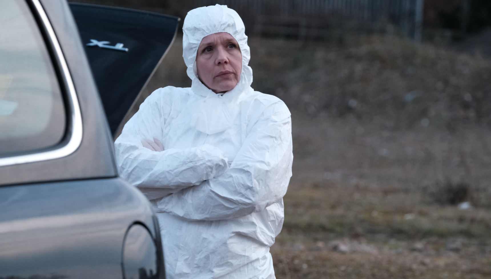 A close up of Kerry Godliman wearing a body suit in Trigger Point season 3