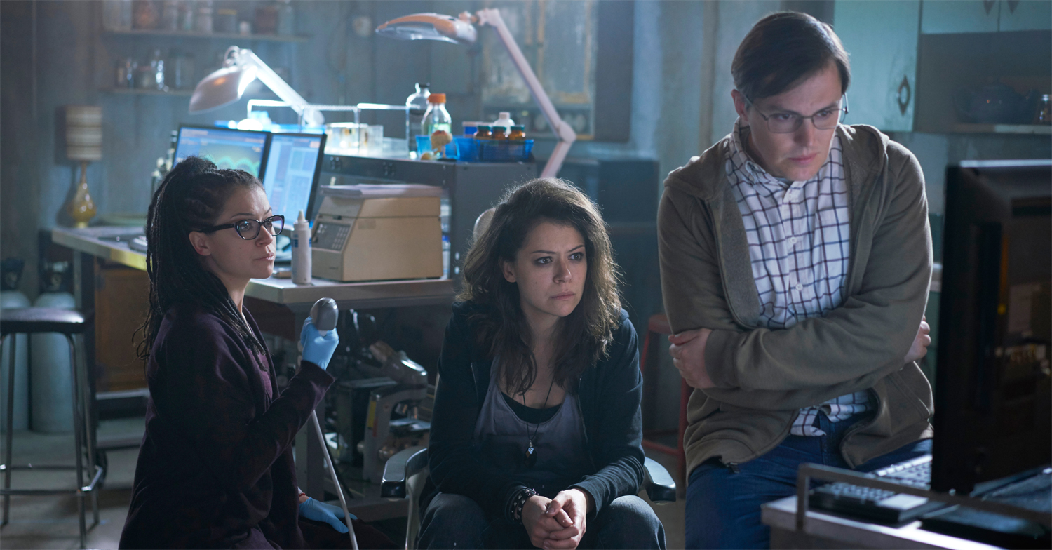 A still with Tatiana Maslany as two Project Leda clones in Orphan Black