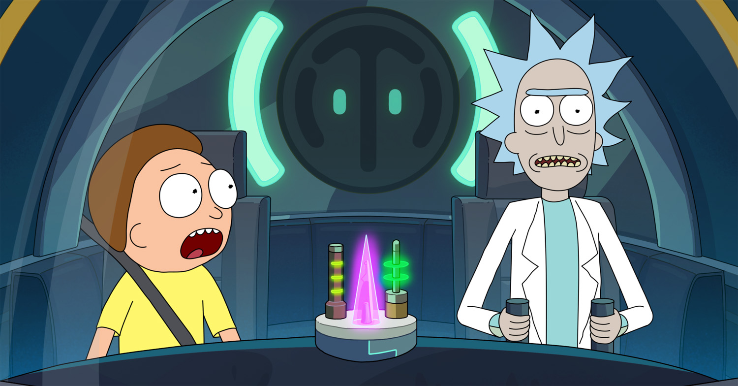 Morty and Rick at the controls of a spaceship in Rick and Morty