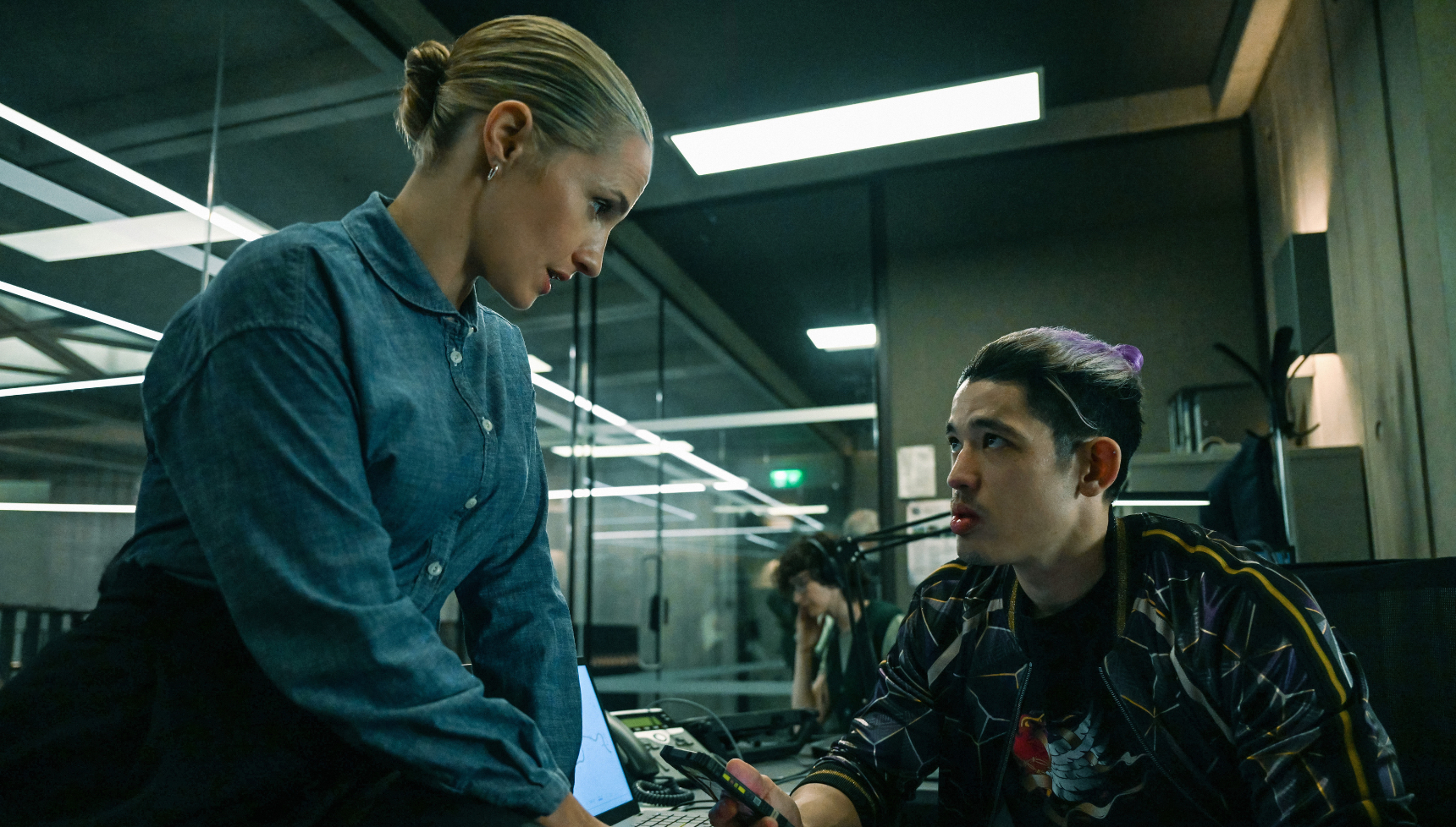 A close up of Ruth Bradley and Christopher Chung in Slow Horses season 5 episode 4.