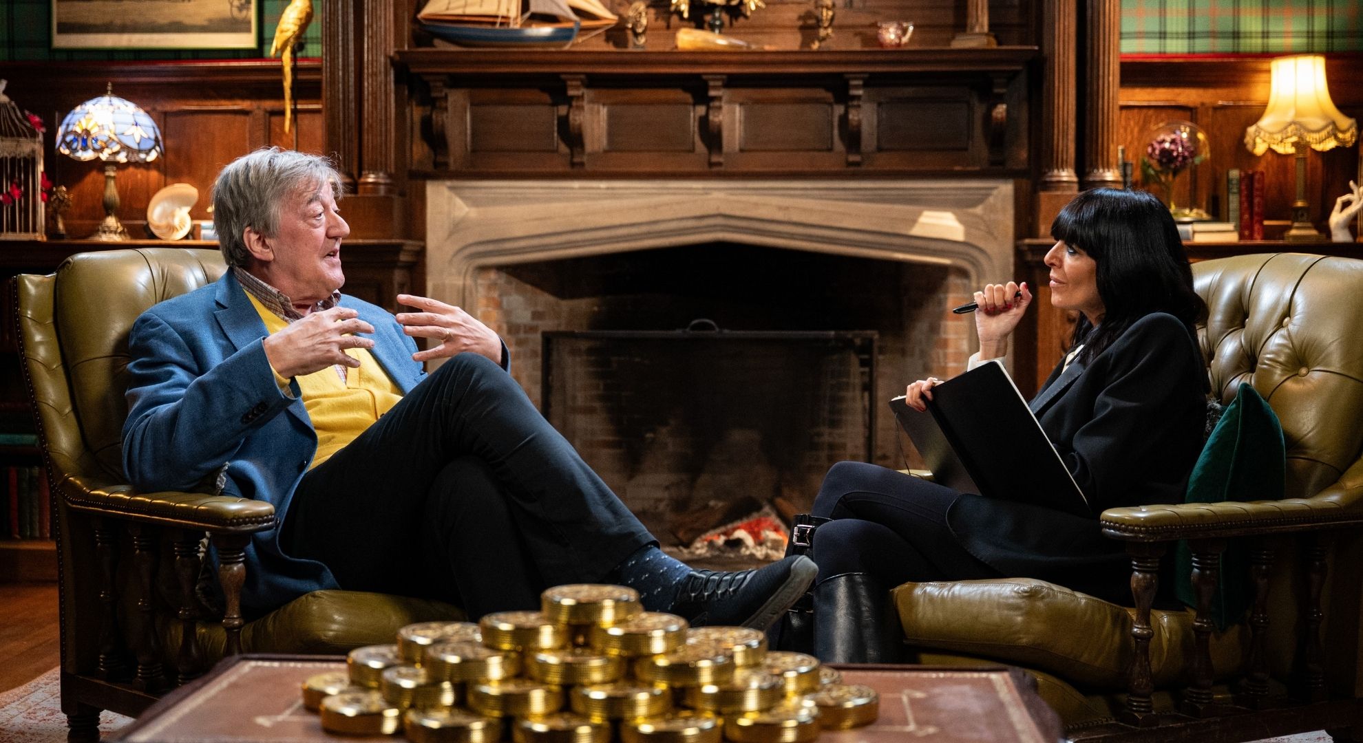 Stephen Fry in blue jacket on Celebrity Traitors