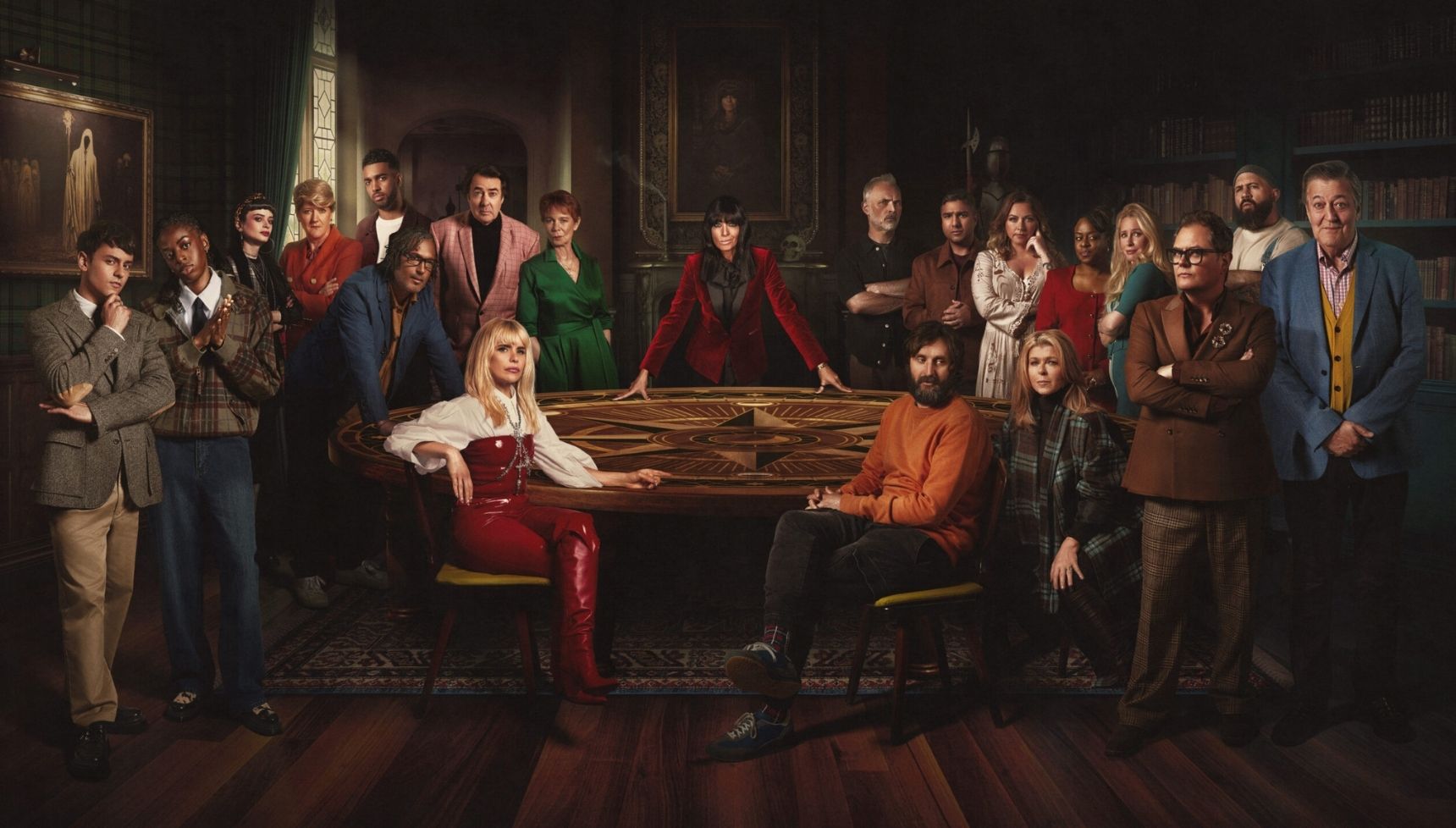 Claudia Winkleman with the Celebrity Traitors cast