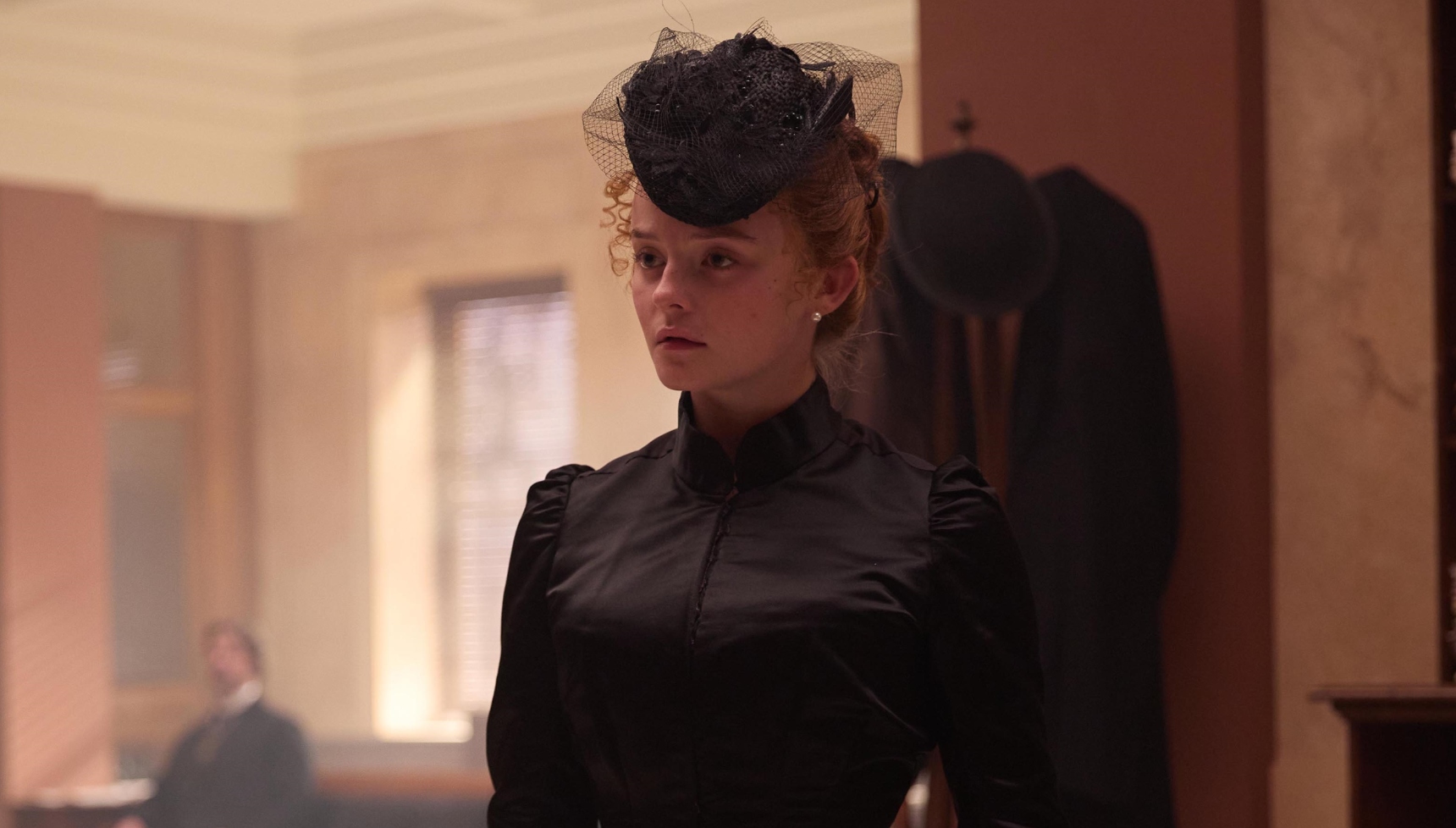 Millie Gibson as Irene wearing black mourning clothes in The Forsytes.