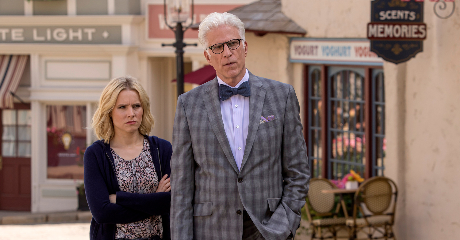 Kristen Bell as Eleanor Shellstrop and Ted Danson as Michael in The Good Place