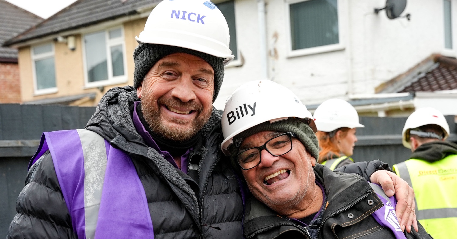 Nick and Billy in white DIY SOS hard hats