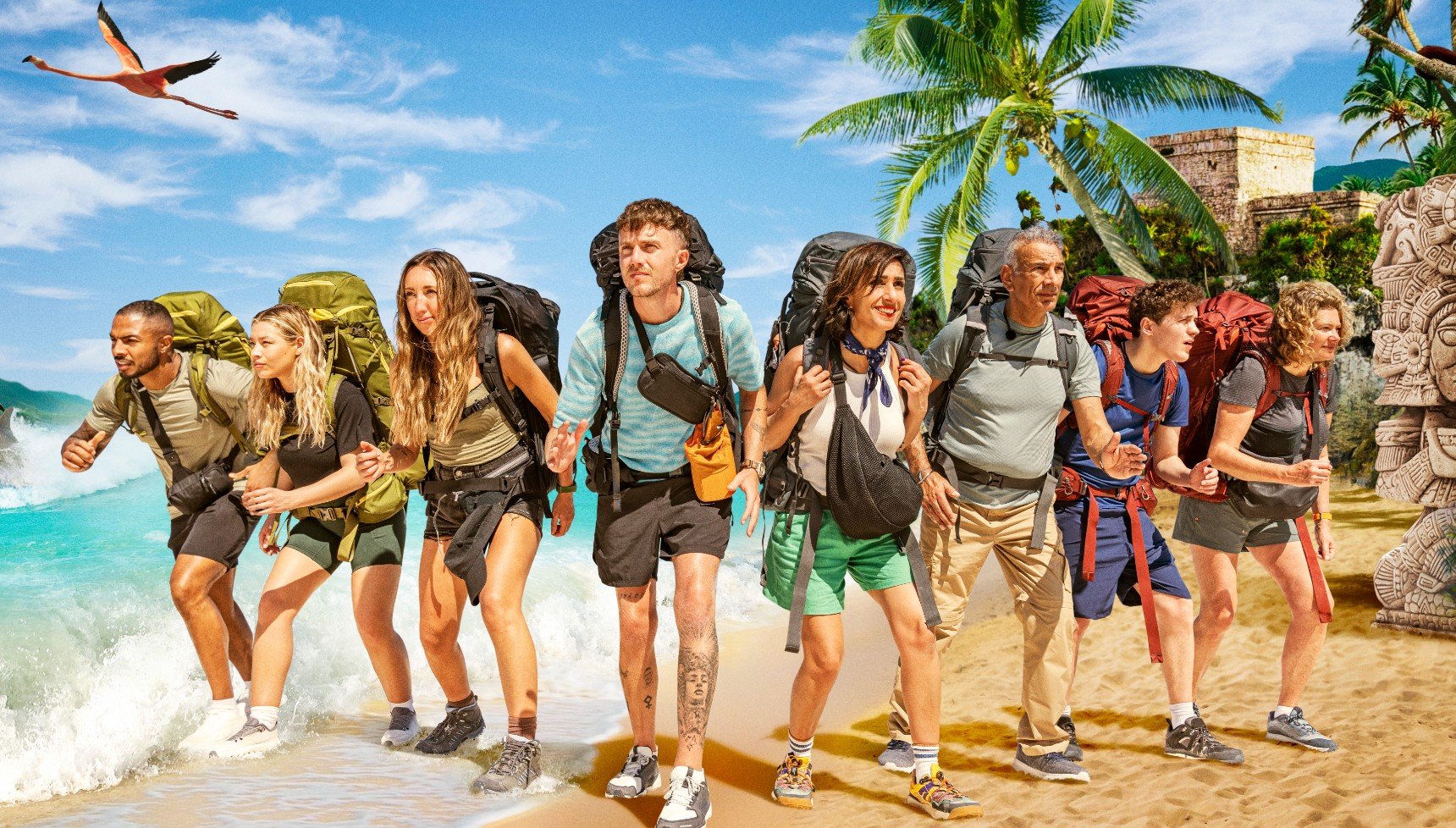 Eight celebrities on a tropical beach