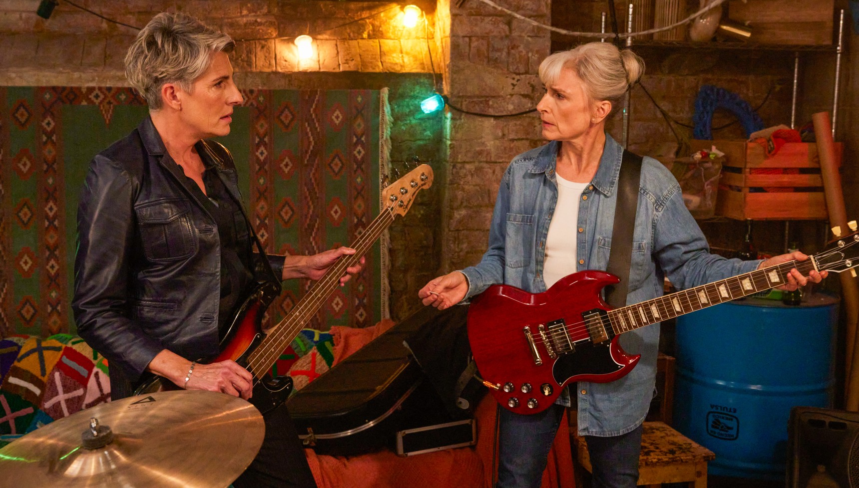Tamsin Greig as Holly Gaskell, and Amelia Bullmore as Yvonne Vaux in Riot Women