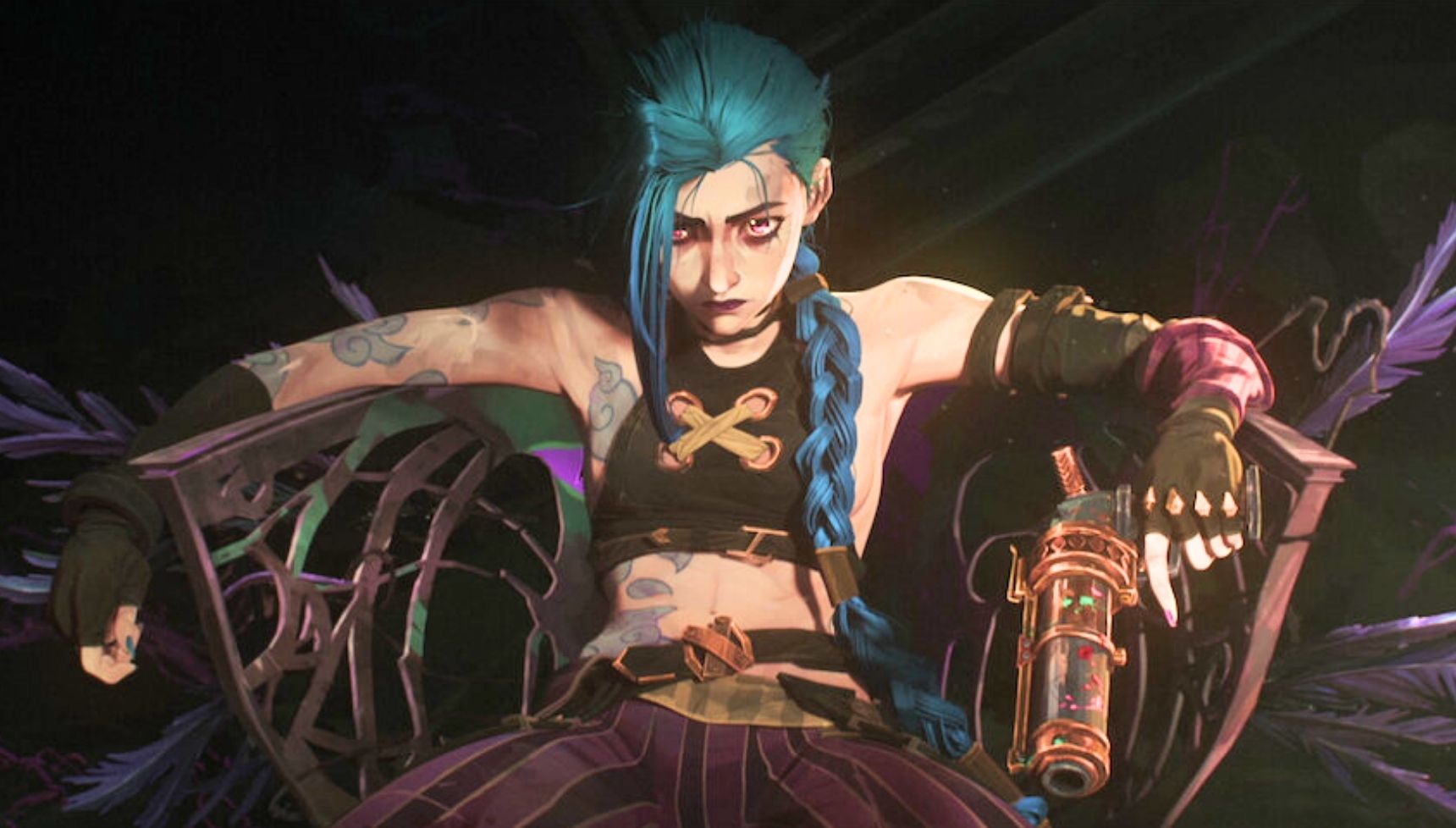 Jinx sitting with a gun in Arcane