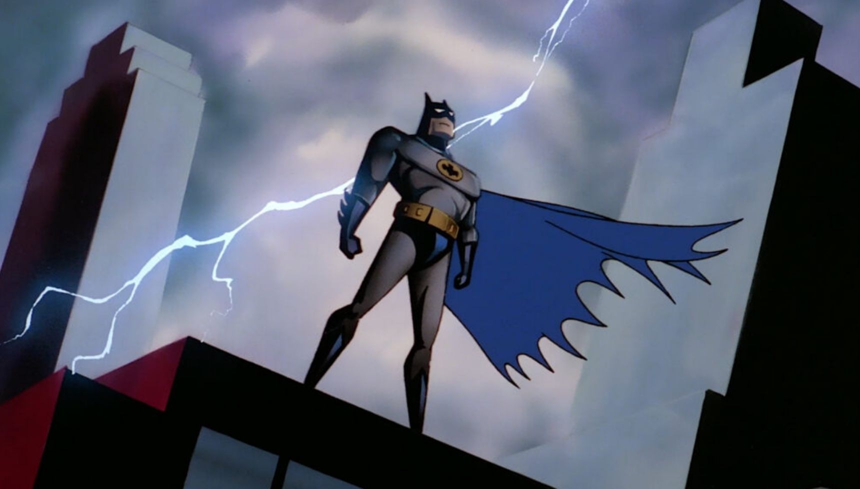 Batman with his cape flying and lightning behind him