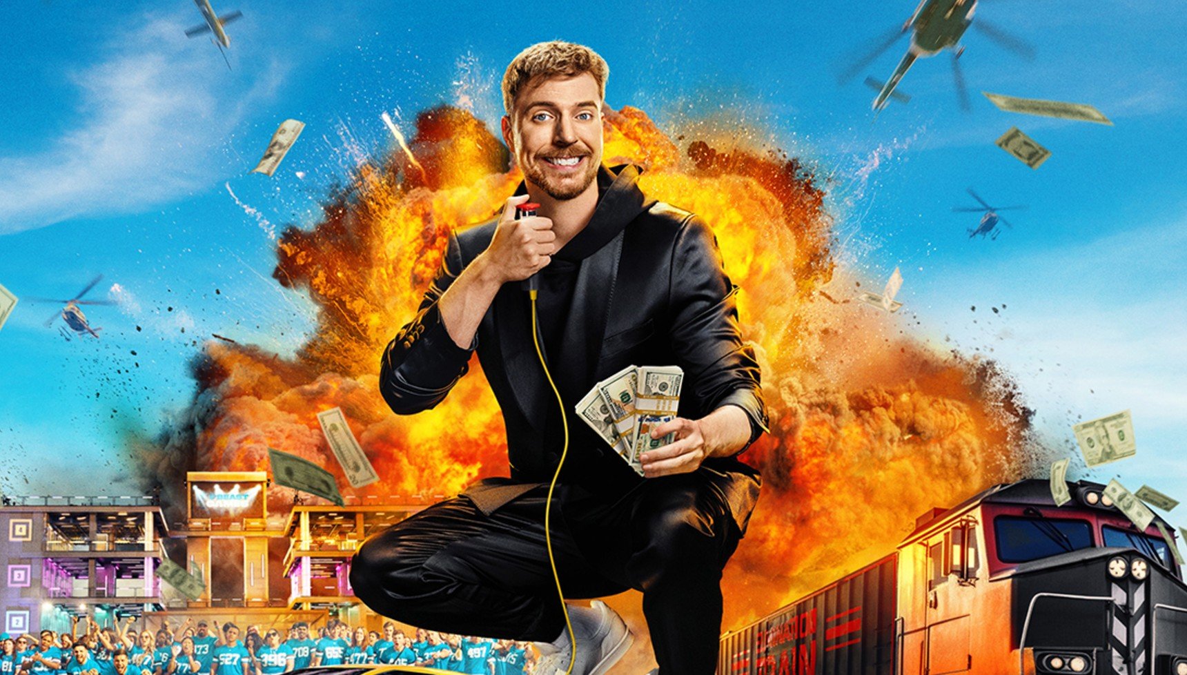 MrBeast in front of an explosion holding money on the Beast Games poster
