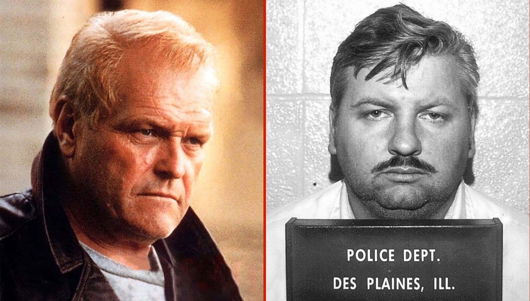 Brian Dennehy wearing a black leather coat next to a real mug shot of John Wayne Gacy
