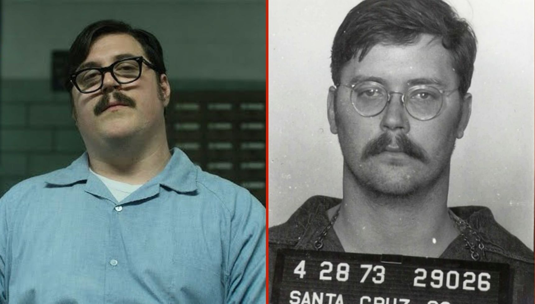 Cameron Britton styled as Edmund Kemper and the real life mug shot of Ed Kemper