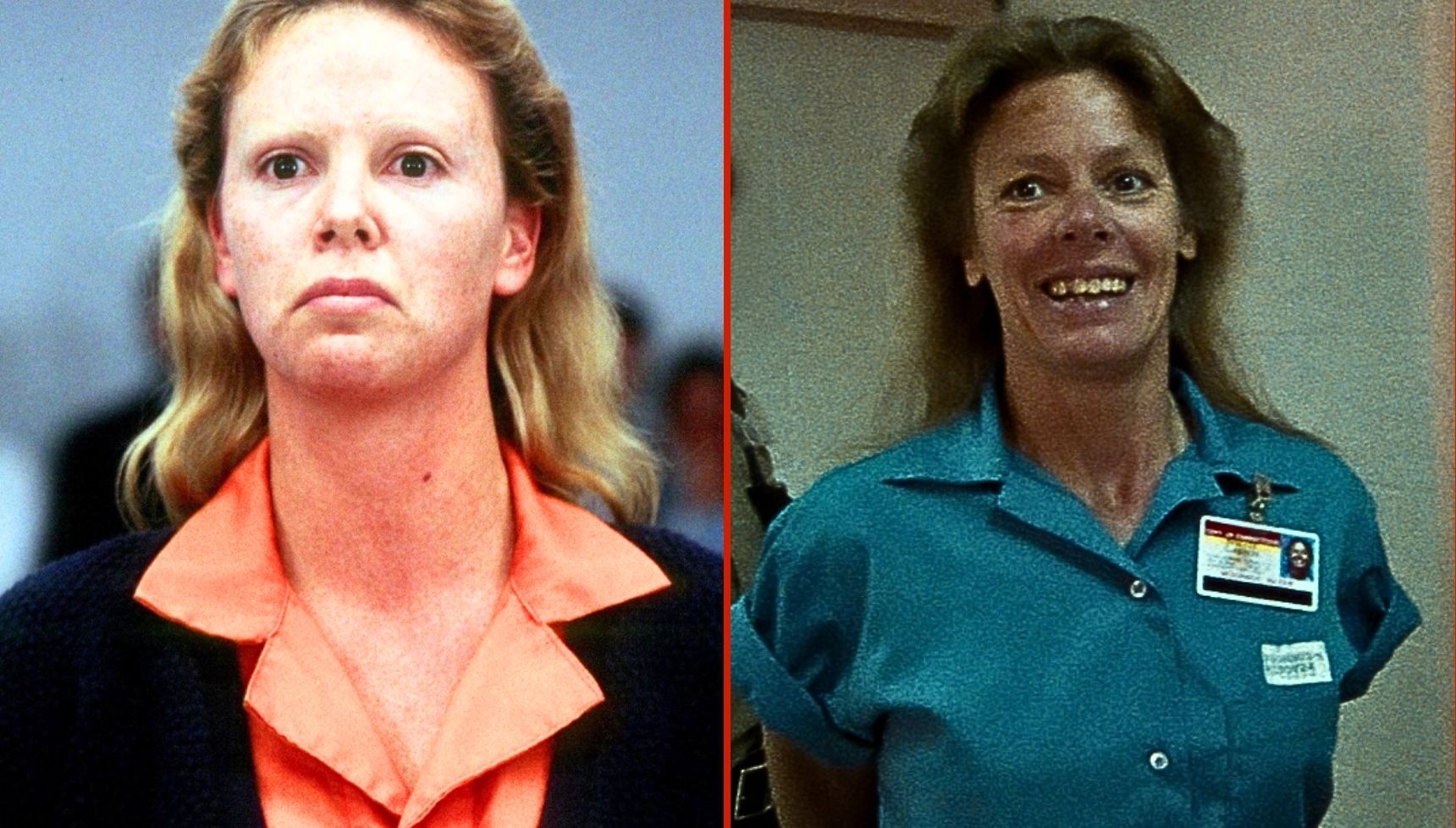 Charlize Theron in makeup as Aileen Wuornos and the real Aileen in prison