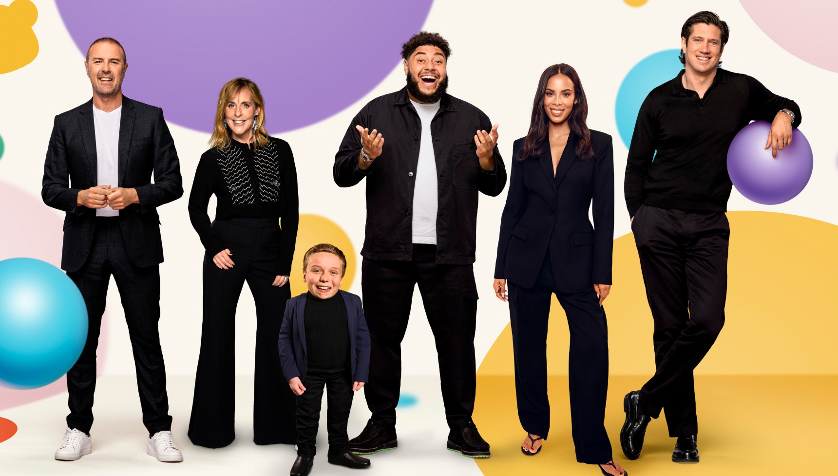 Paddy McGuinness, Mel Giedroyc, Lenny Rush, Big Zuu, Rochelle Humes and Vernon Kay