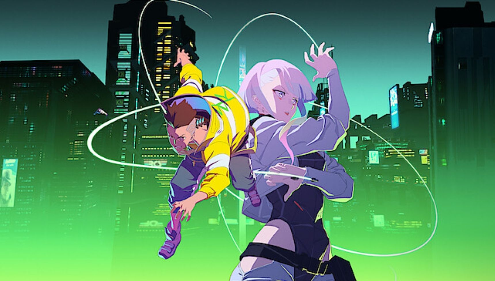David and Lucy on the poster for Cyberpunk: Edgerunners