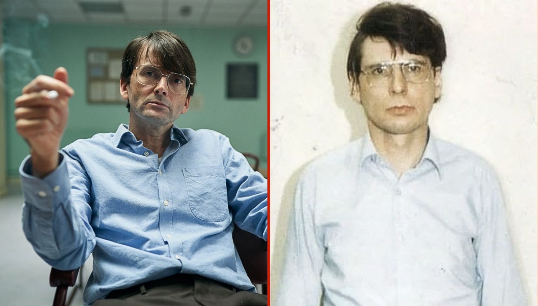 David Tennant smoking a cigarette in Des and the real Dennis Nilsen