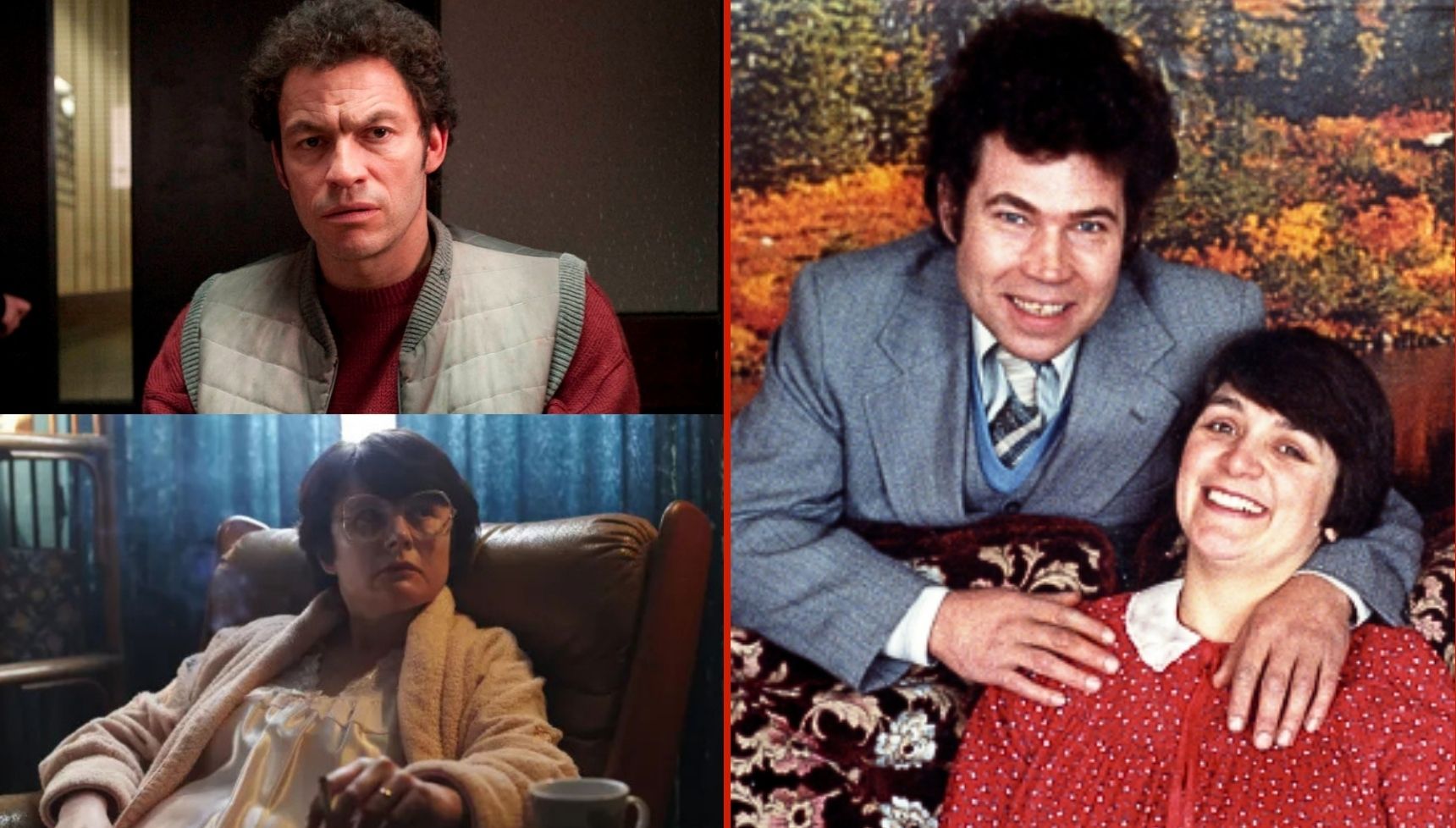 Dominic West and Monica Dolan as Fred and Rose West next to a real life photo of the couple