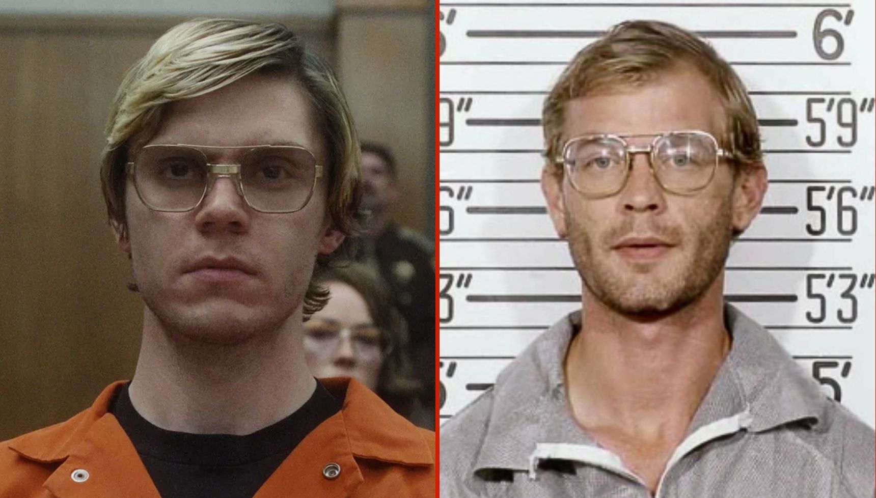 Evan Peters in court in an orange jumpsuit and Jeffrey Dahmer's mugshot