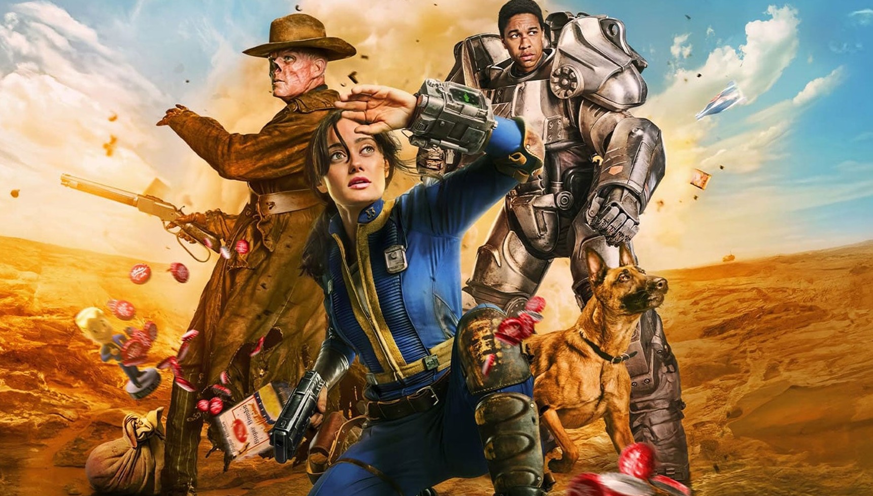 Walton Goggins as The Ghoul shooting a gun, Ella Purnell as Lucy in her vault uniform, and Aaron Moten in Brotherhood of Steel power armor on the poster for Fallout