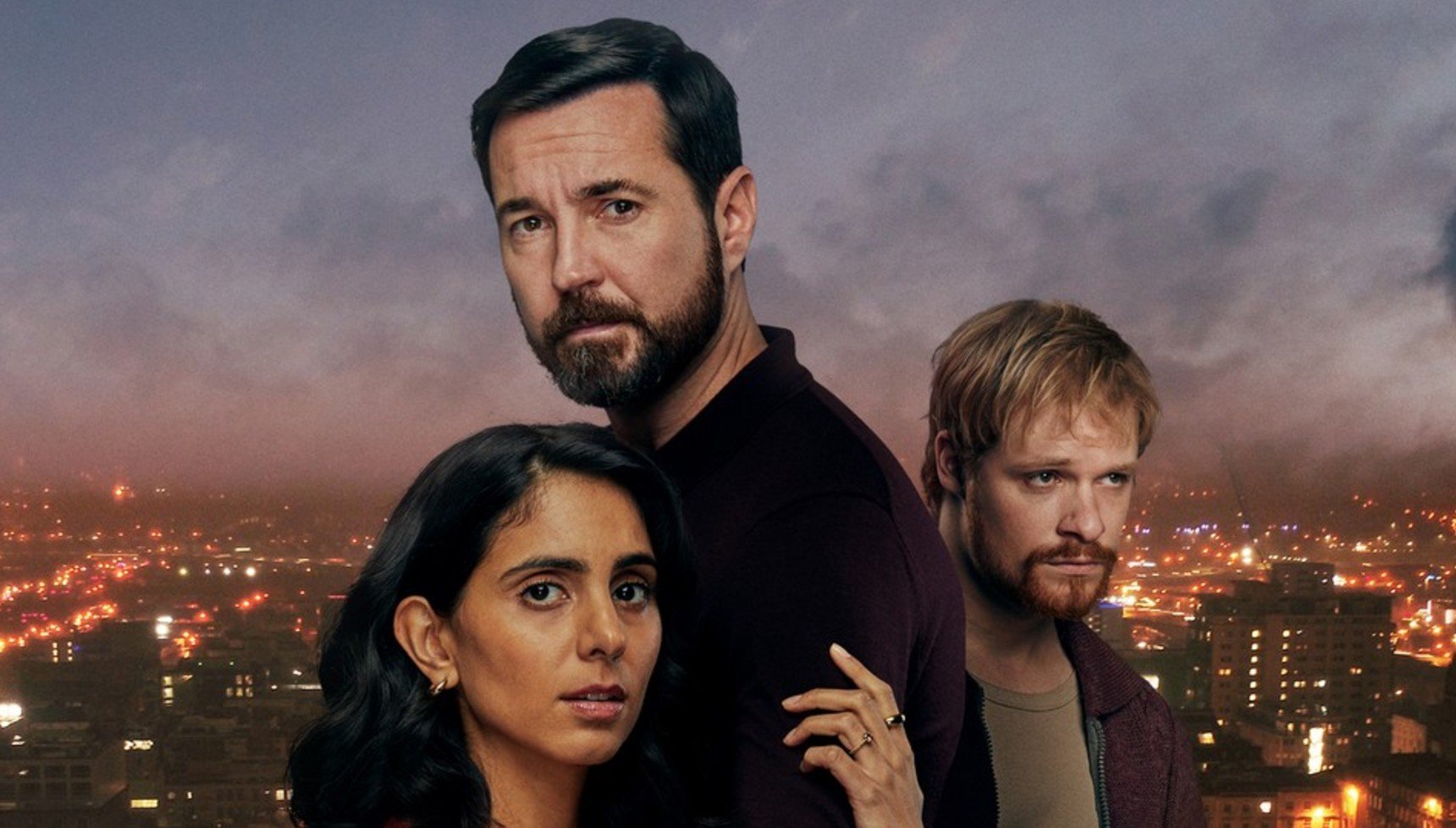 Martin Compston, Anjli Mohindra, and Solly McLeod pictured together against a city backdrop in a poster for Fear