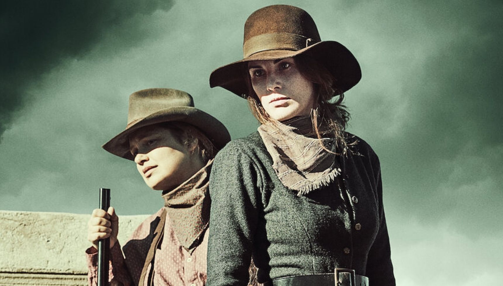 Merritt Wever and Michelle Dockery in cowgirl hats in Godless