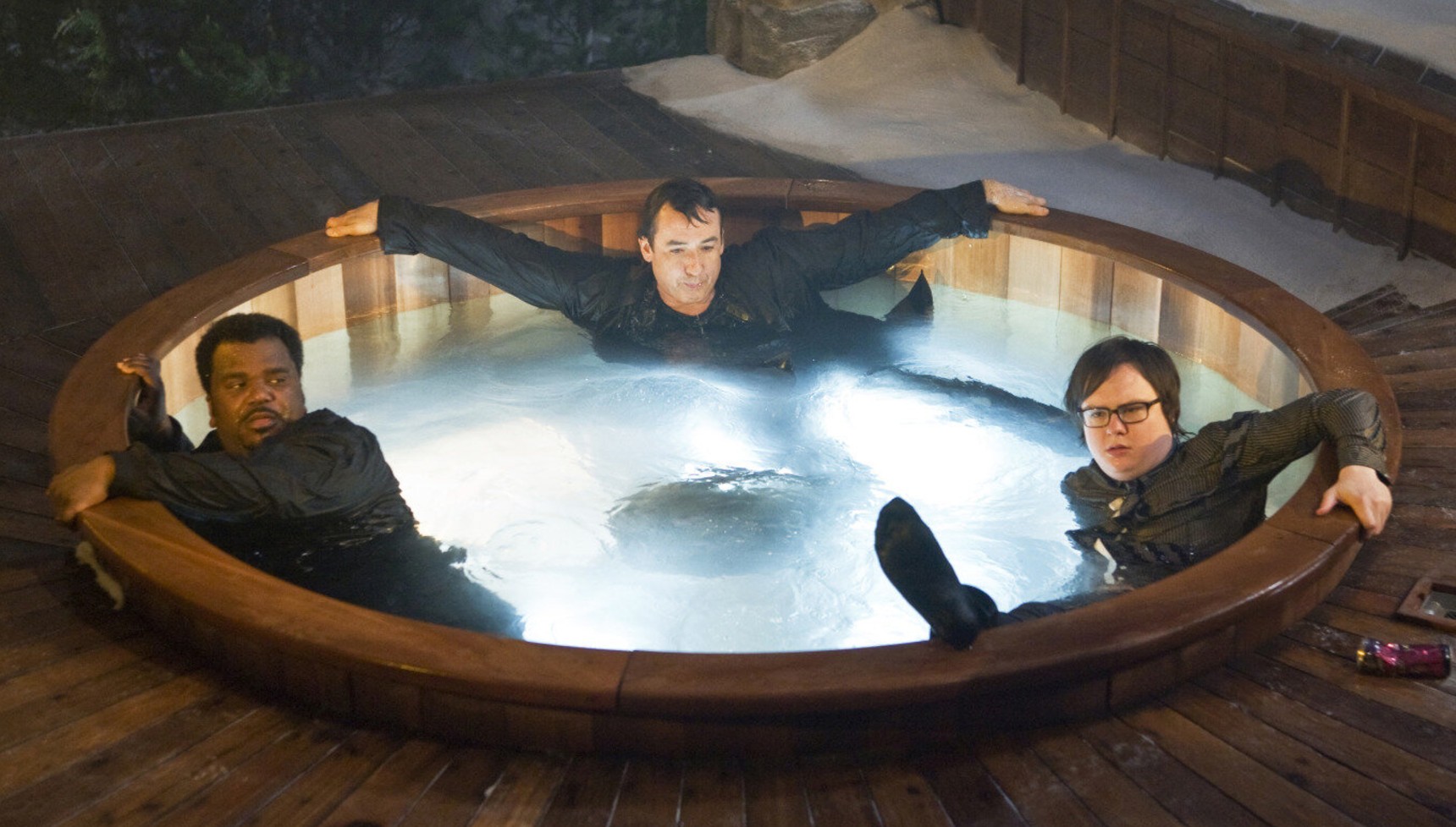 Craig Robinson, John Cusack, and Clark Duke in a hot tub in Hot Tub Time Machine