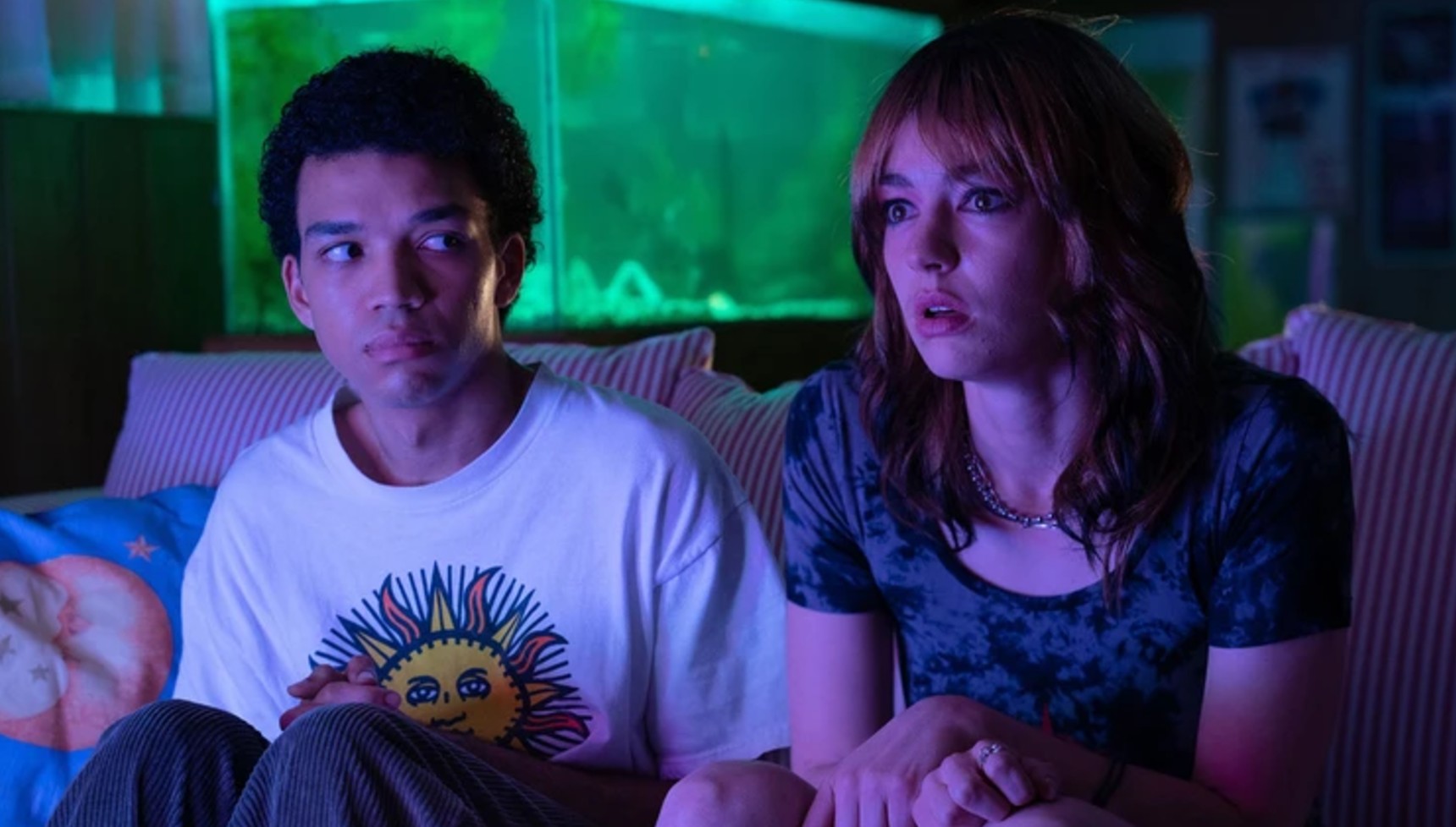 Justice Smith and Jack Haven sitting together in I Saw the TV Glow