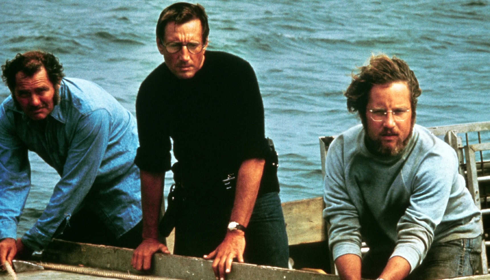 Robert Shaw, Rob Scheider and Richard Dreyfuss on a boat in Jaws