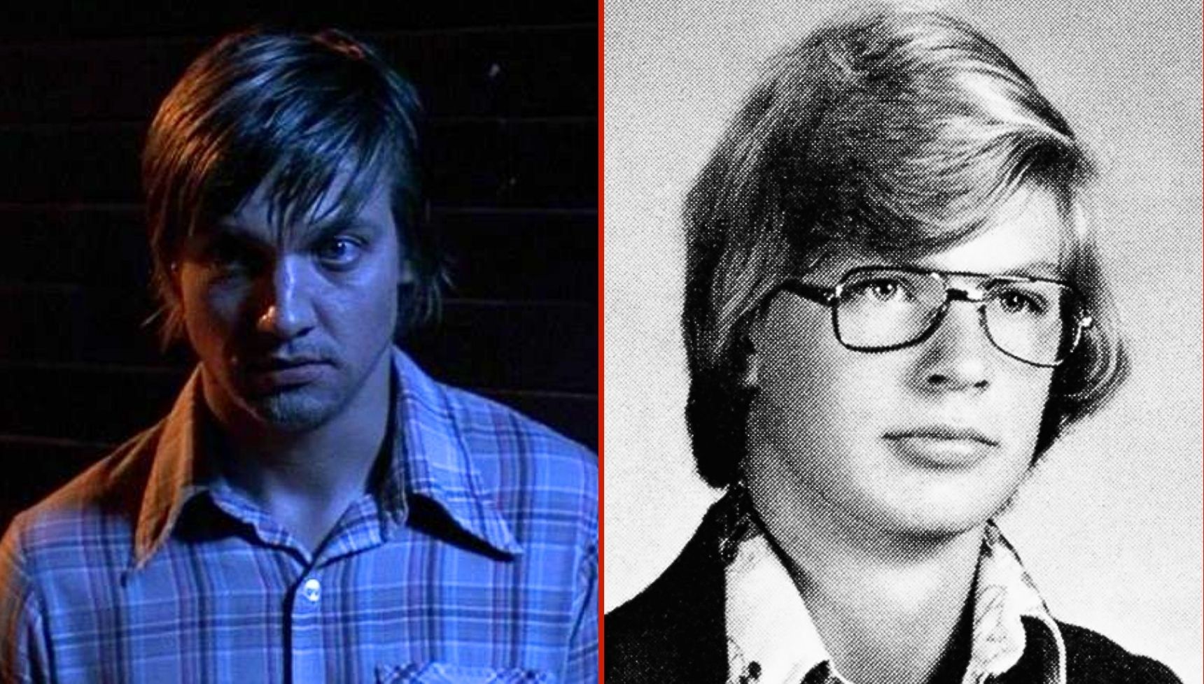 Jeremy Renner as Jeffrey Dahmer next to a high school photo of Dahmer