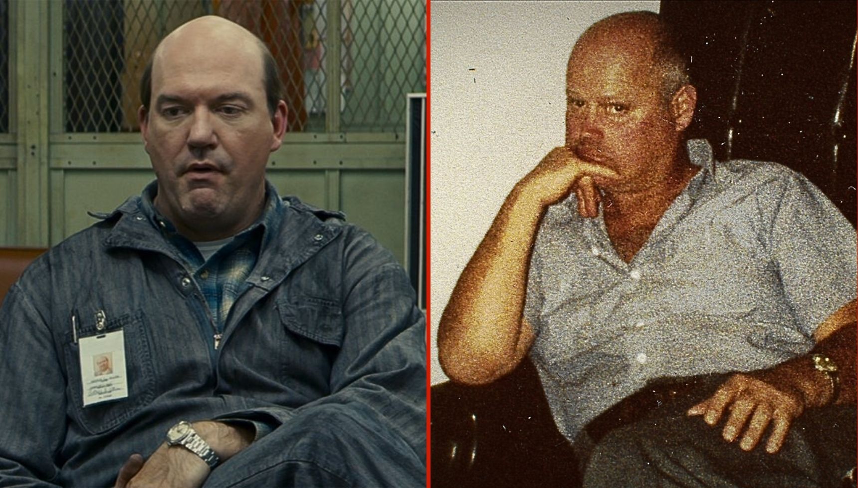 John Carroll Lynch wearing a boiler suit in Zodiac and a photo of the real Arthur Leigh Allen