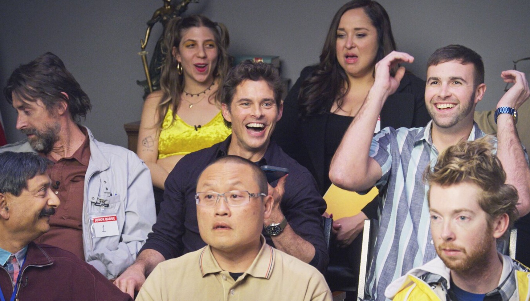 James Marsden, Ronald Gladden and the cast of Jury Duty