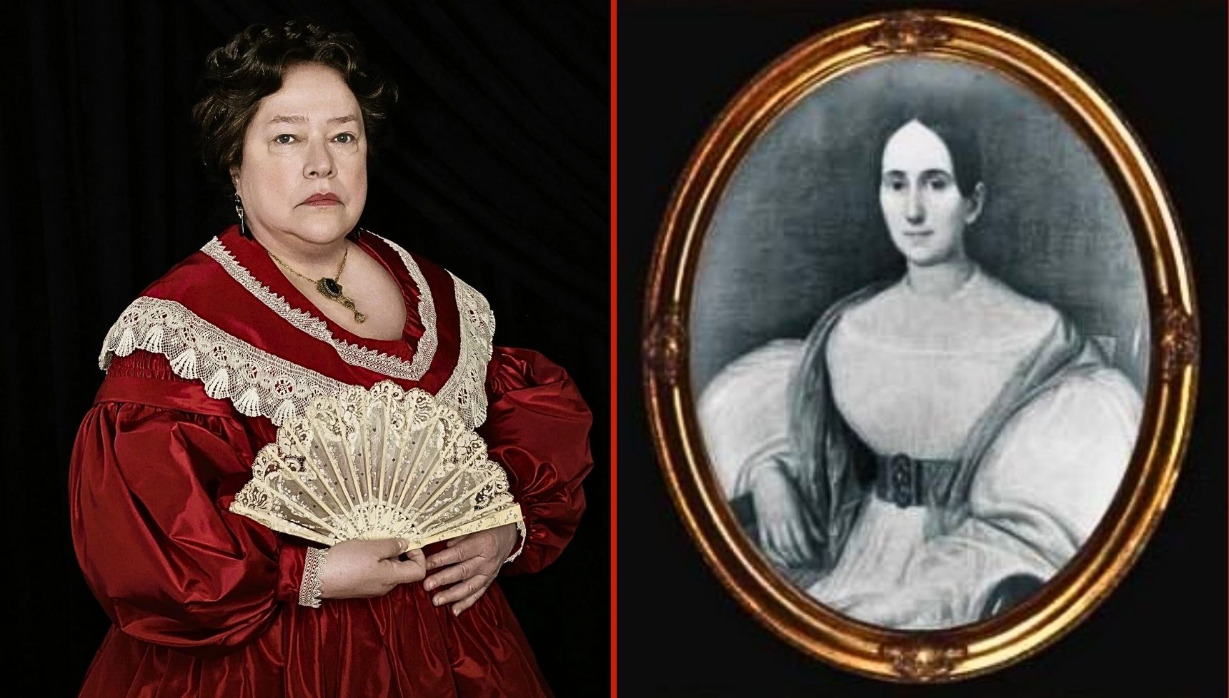Kathy Bates in costume as Delphine LaLaurie in American Horror Story and a painted portrait of the real woman