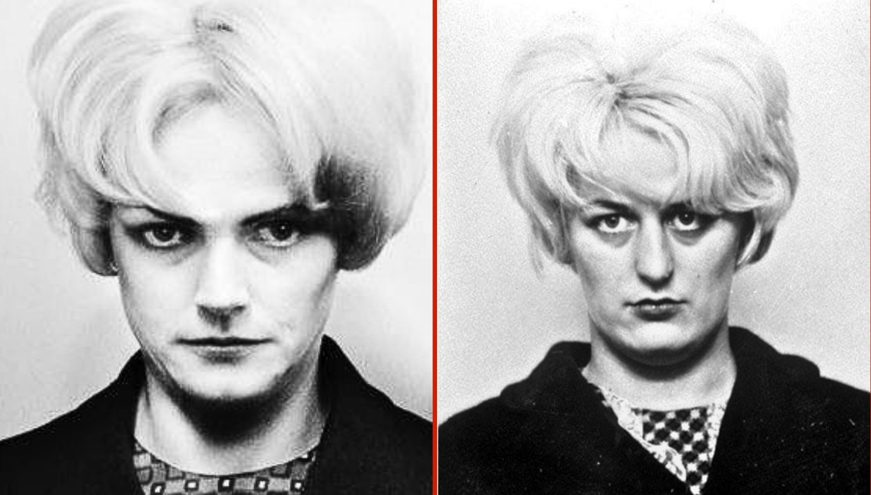 Maxine Peake styled as Myra Hindley next to her real life mugshot