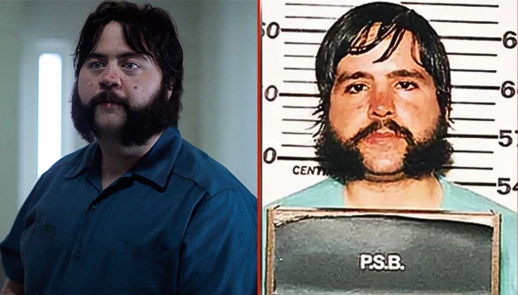 Paul Walter Hauser with mutton chops and Larry Hall's mugshot