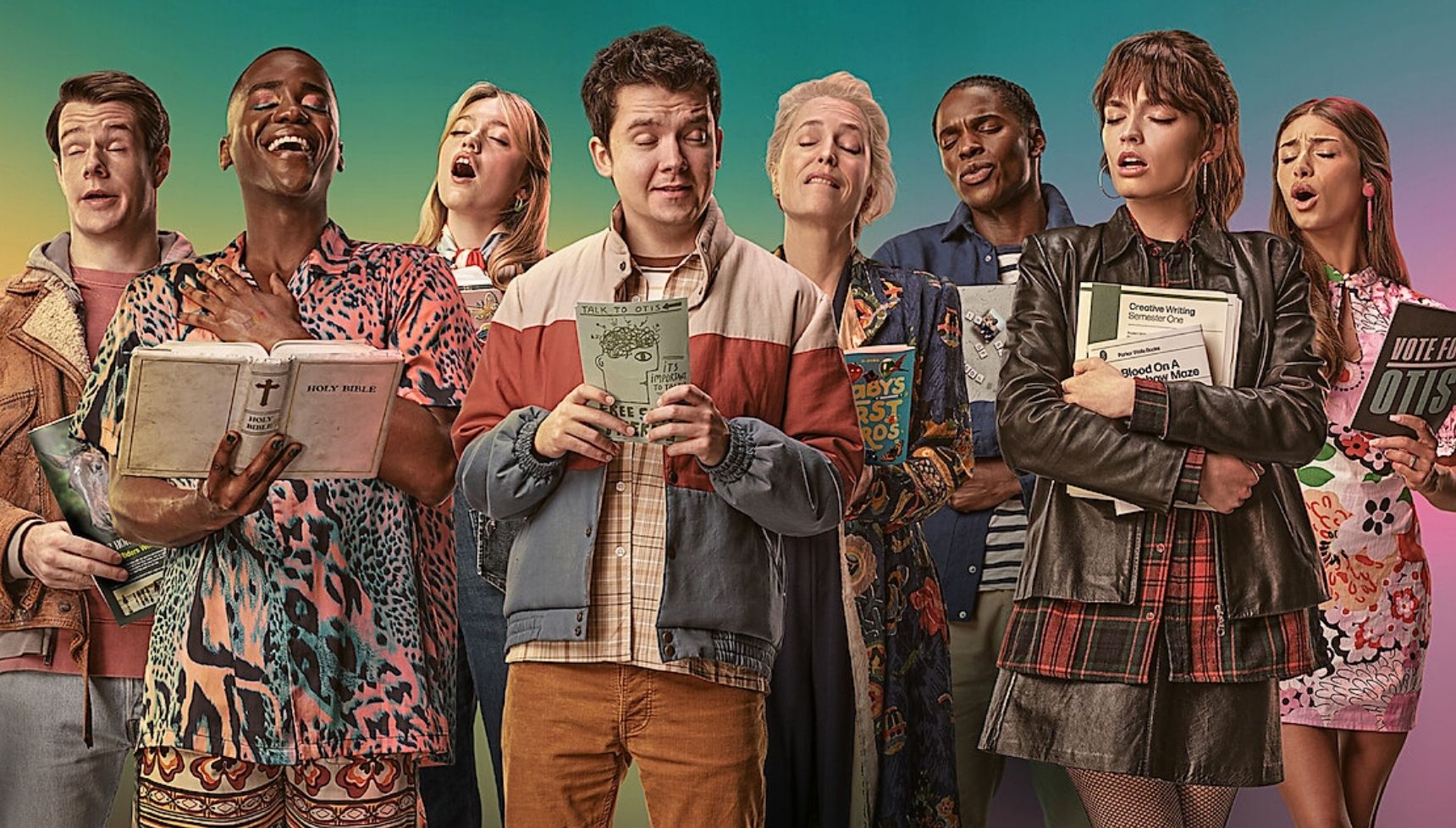 The cast of Sex Education making funny faces while reading different books