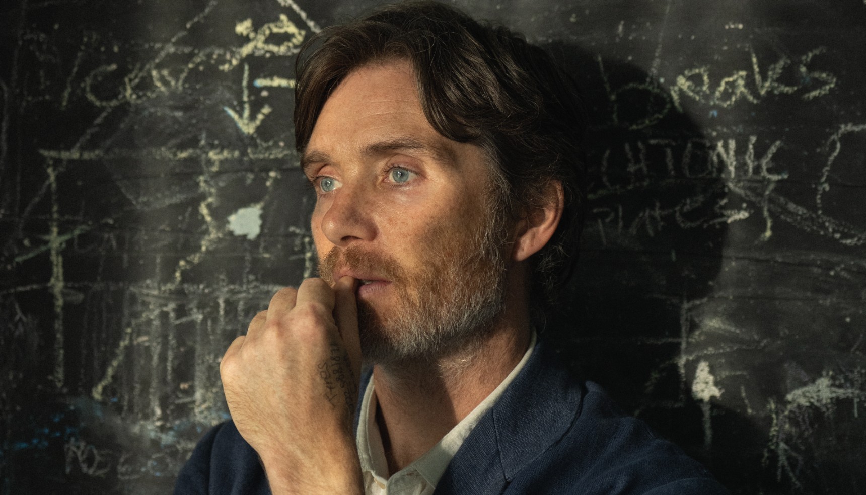 Cillian Murphy standing in front of a chalkboard in Steve