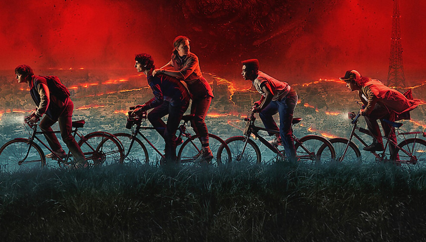 Characters from Stranger Things riding bikes against a red backdrop on the poster for Season 5 Volume 1