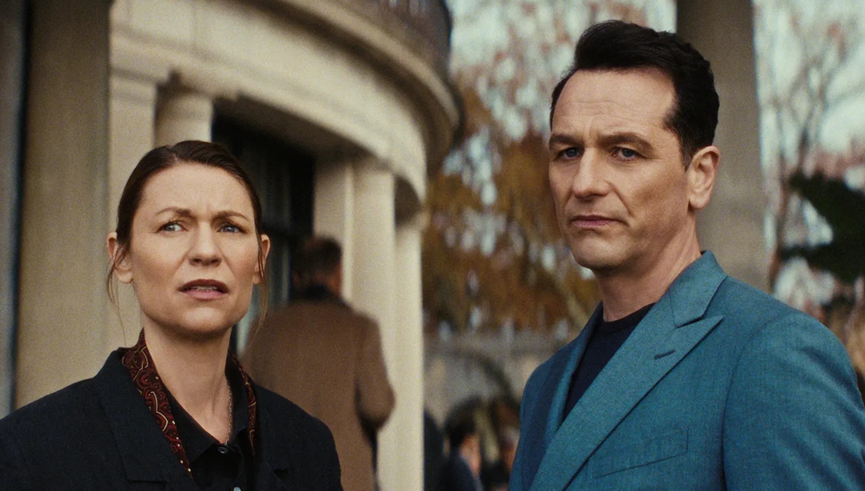 Claire Danes and Matthew Rhys standing together in The Beast in Me