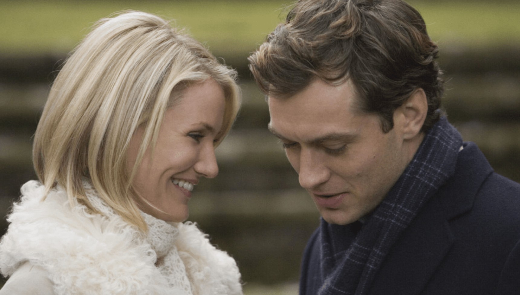 Cameron Diaz smiling at Jude Law in The Holiday