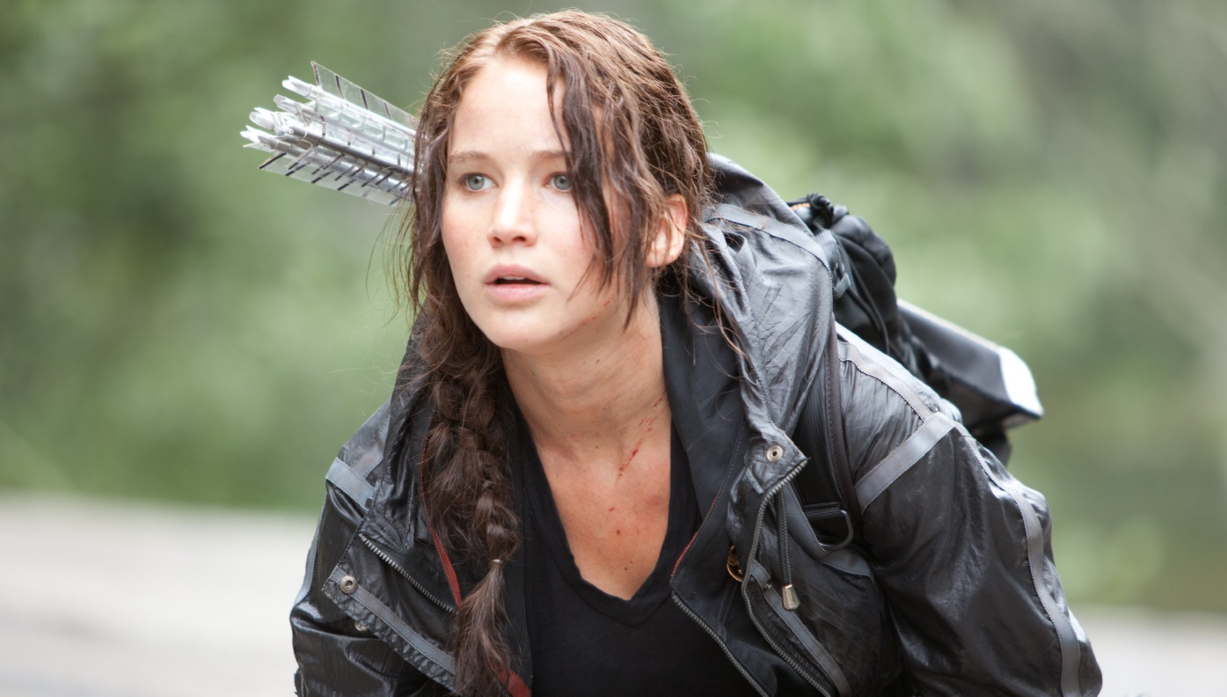Jennifer Lawrence in costume as Katniss Everdeen in The Hunger Games 
