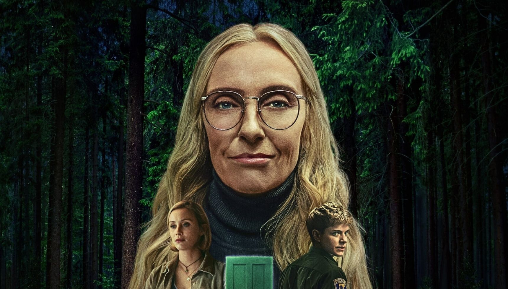 A floating head of Toni Collette above Sarah Gadon and Mae Martin