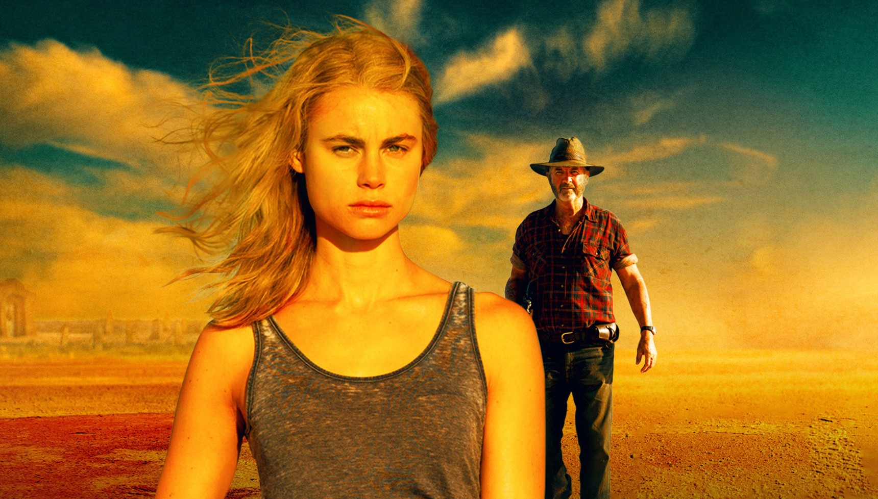 Lucy Fry and John Jarratt in the Australian Outback for the poster for Wolf Creek 
