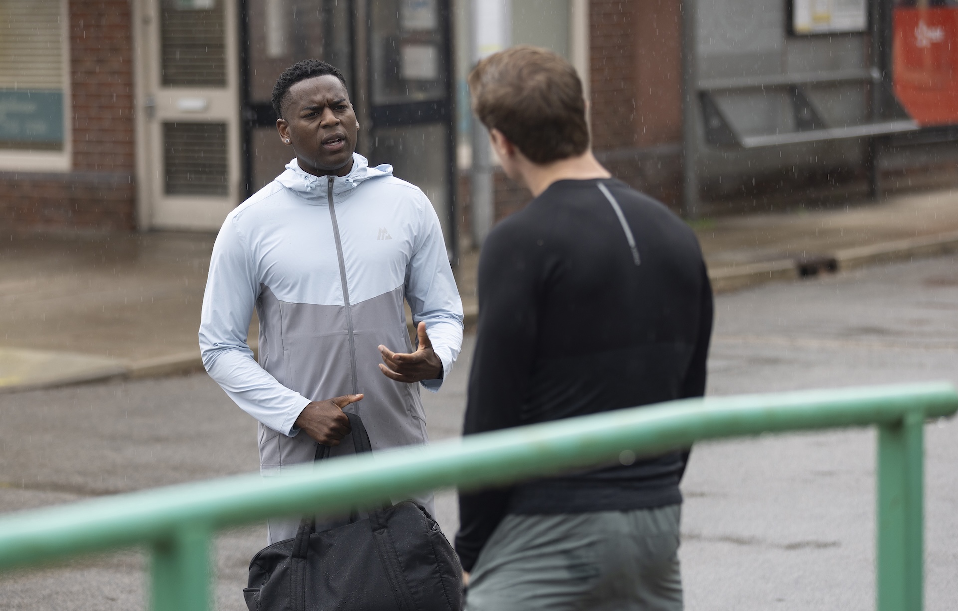 Coronation Street's James talking to Theo outside