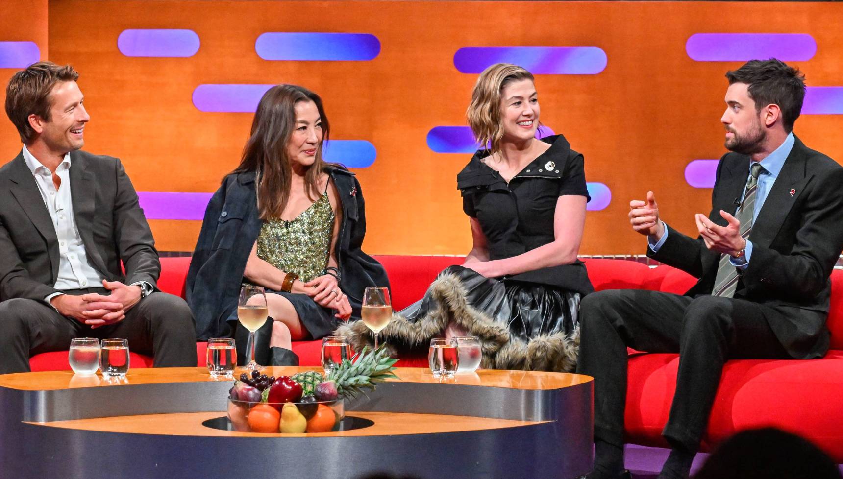 Jack Whitehall shares a story with Glen Powell, Michelle Yeoh and Rosamund Pike on The Graham Norton Show