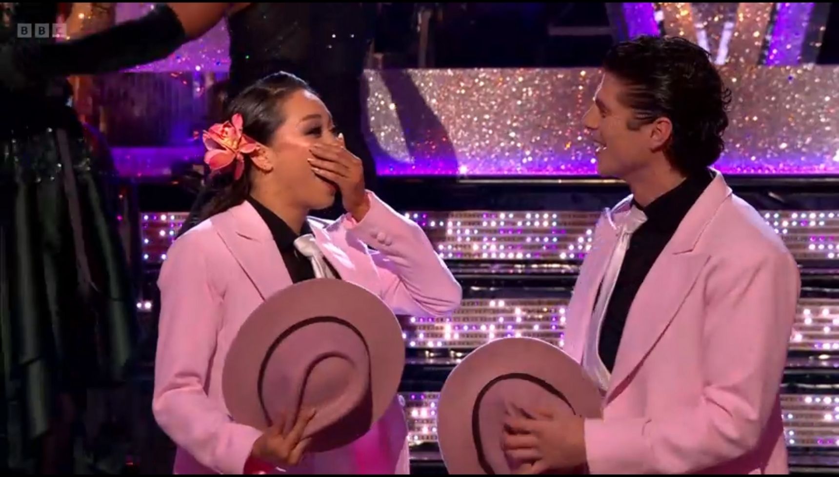 Katya and Lewis looking shockled on Strictly