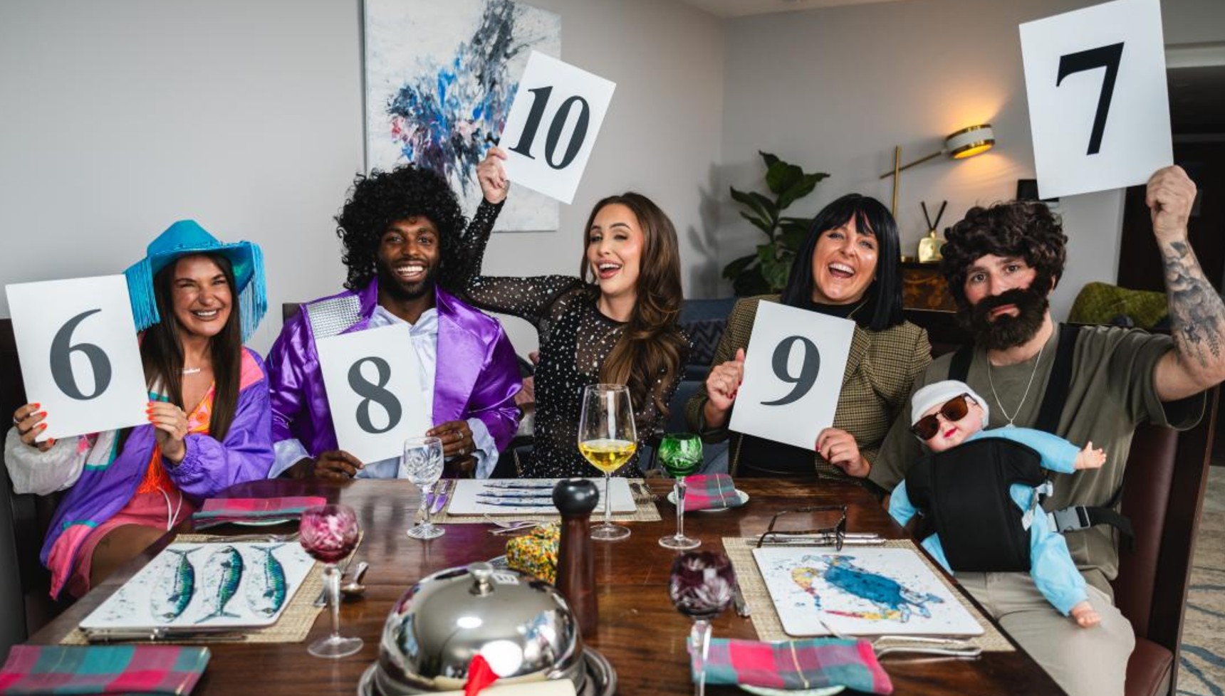 Married at First Sight Does Come Dine with Me cast holding up scorecards
