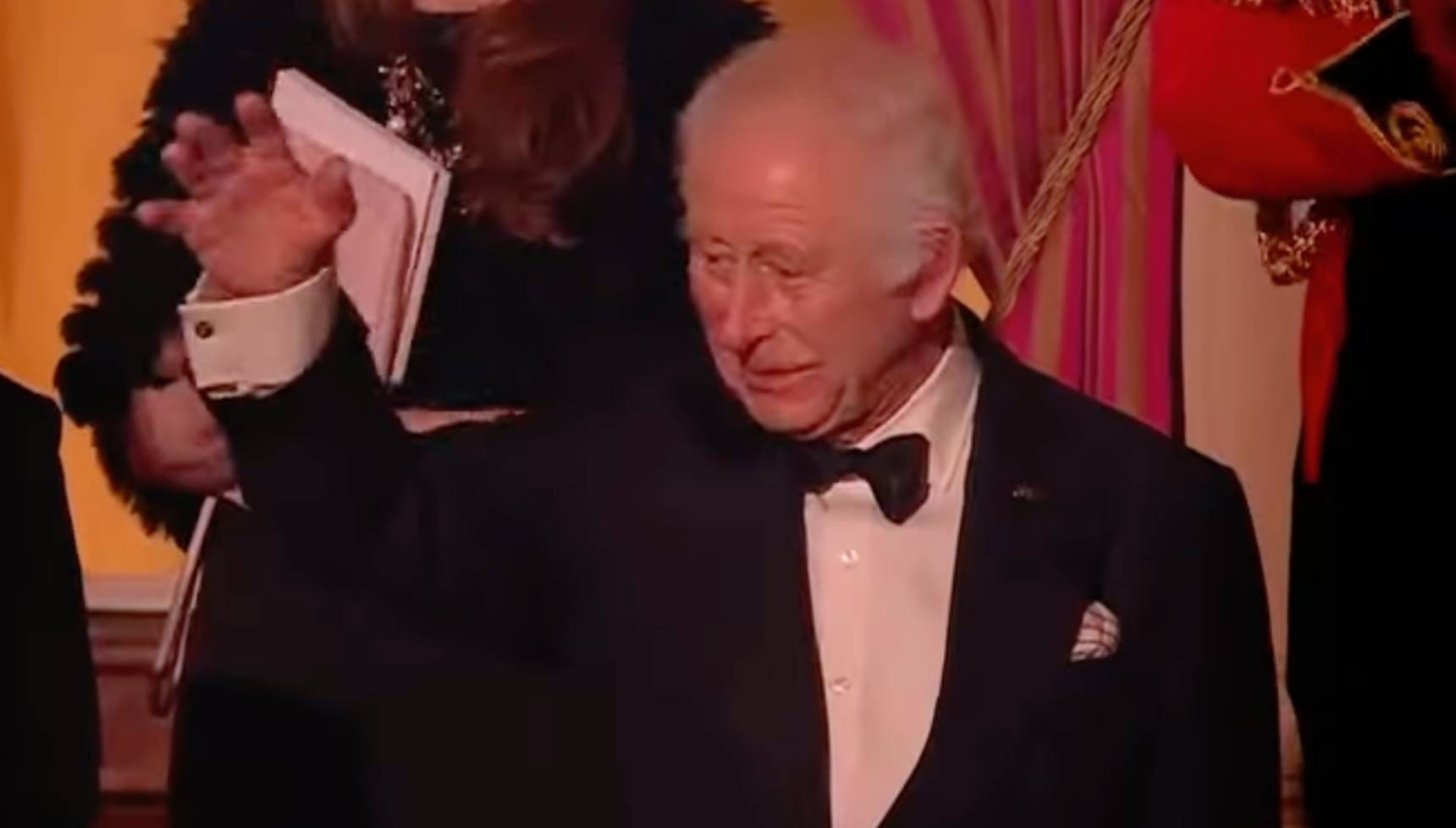 Prince Charles waving to crowd at Royal Variety Performance