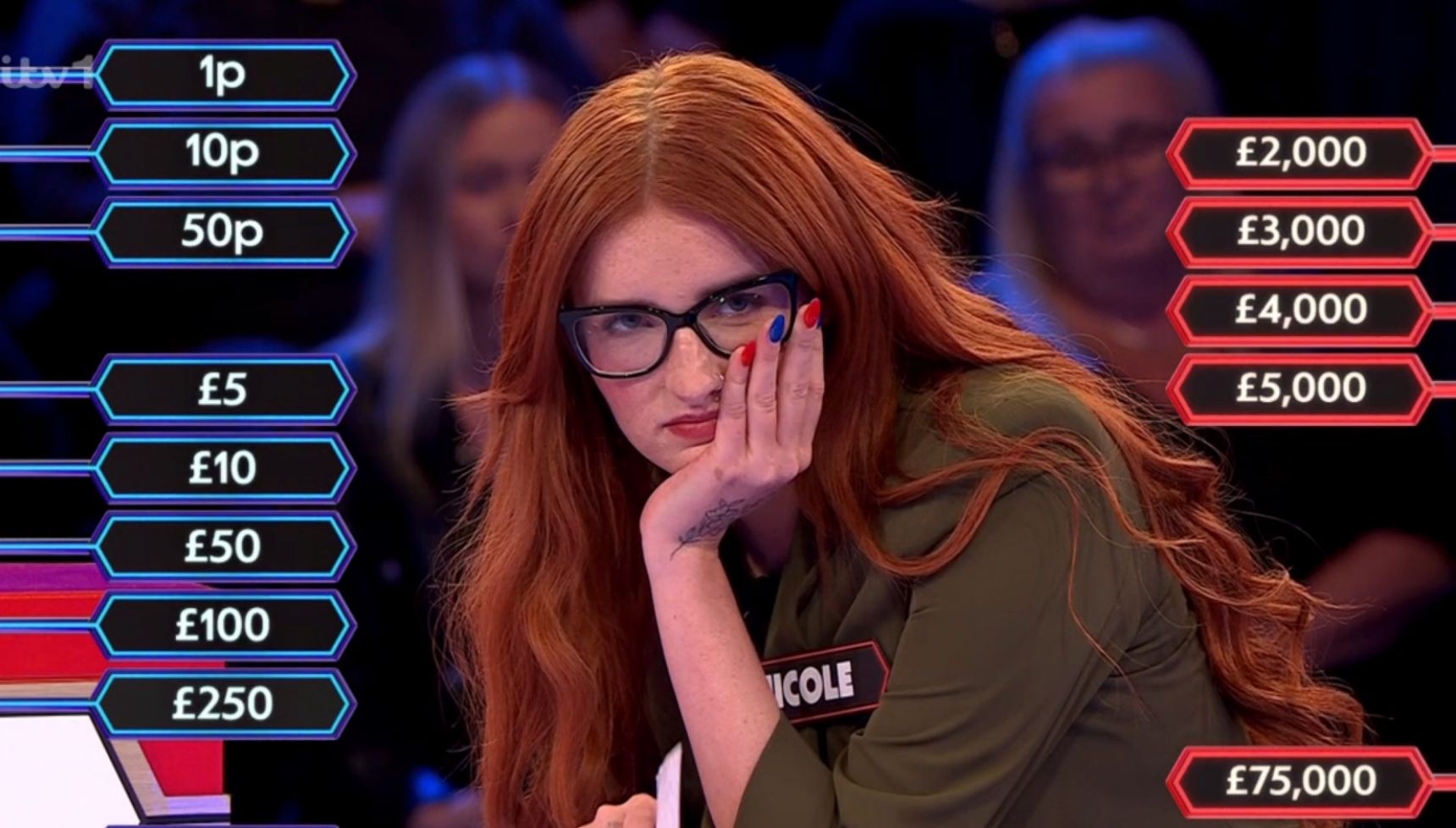 A contestant on Deal or No Deal looking sad