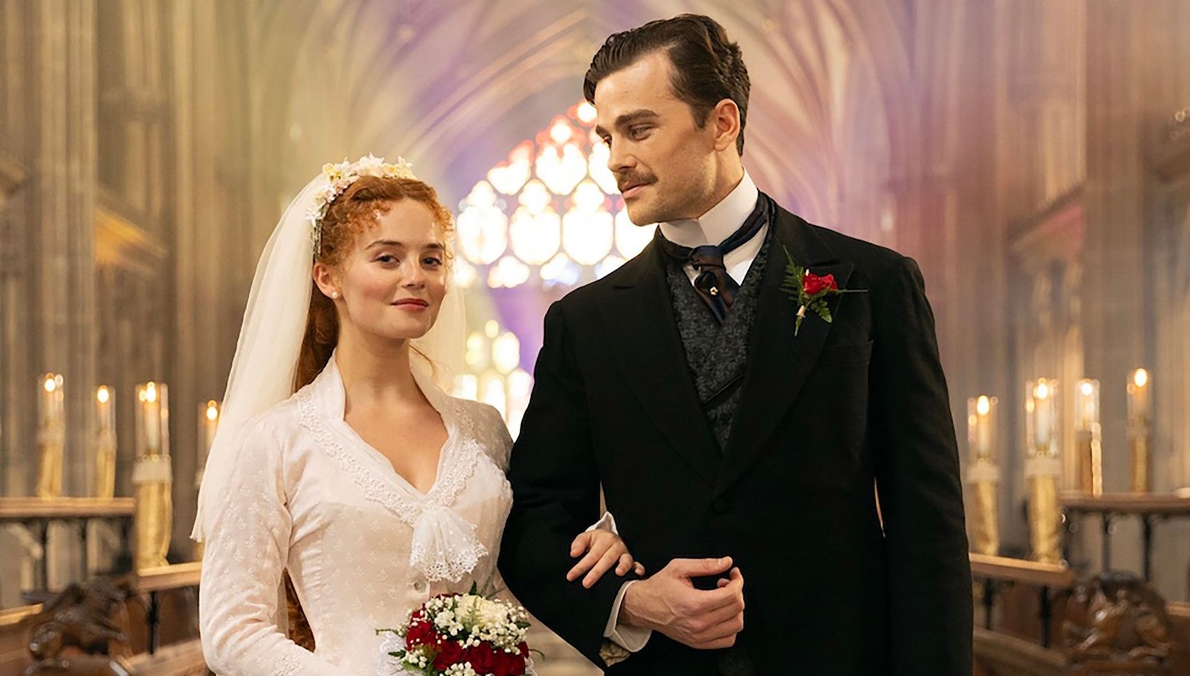 Irene and Soames on their wedding day