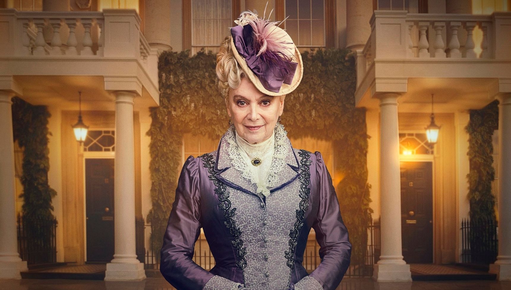 Anne Forsyte in a lavish purple gown and hat